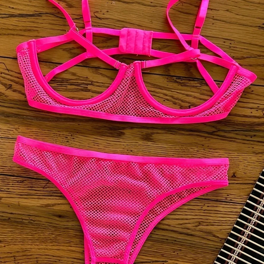 Hot Pink  mesh banded, open bra, and panty set NWOT.